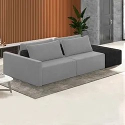 Sofá Ilha Modular Living com Puff 252cm Georgia K04 Veludo Cinza/Preto