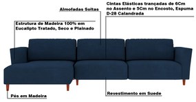 Sofá 370cm com Chaise Esquerda Franz Suede Azul G52 - Gran Belo