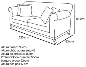 Sofá 3 Lugares Pé de Madeira Julieta 220 cm Linho S04 - D'Rossi - Grigio