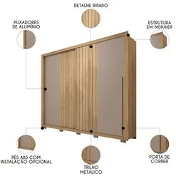 Guarda Roupa Casal 2 Portas de Correr Ripado 245cm Moviment Buriti/Fen