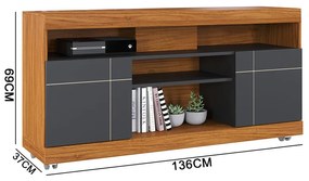 Rack para Sala Bancada de TV 47 Pol 136cm Ariele C04 - D'Rossi - Noce Milano e Preto Fosco