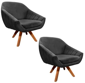 Kit 02 Poltronas GiratĂłria Giovana Suede Preto Base Madeira MM30 D'Rossi