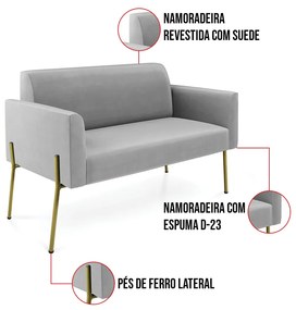 Sofá Namoradeira 2 Lugares Pé de Ferro Dourado Marisa Suede D03 - D'Rossi - Cinza