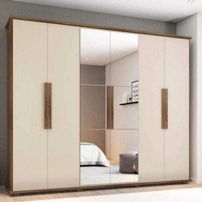 Guarda-Roupa Casal Com Espelho 6 Portas 4 Gavetas Canadá Freijó com Off White – RV Móveis