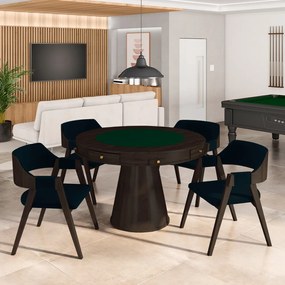 Conjunto Mesa de Jogos Carteado Bellagio Tampo Reversível e 4 Cadeiras Madeira Poker Base Cone Veludo Azul Marinho/Capuccino G42 - Gran Belo