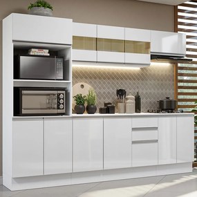 Armário de Cozinha Completa 100% MDF 250 cm Frentes Branco Brilho Smart Madesa 01 Cor:Branco