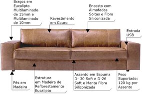 Sofá 4 Lugares Sala de Estar Pés Madeira 280cm com USB Minsque Couro Camel - Gran Belo