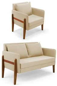 Kit 1 Sofá Namoradeira e 1 Poltrona Lana Suede Bege Base de Madeira - D'Rossi