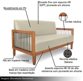 Conjunto Sofá Namoradeira e Poltrona Sala de Estar Pés Madeira Maciça Corda Náutica Preta Manila PU Bege G63 - Gran Belo