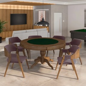 Conjunto Mesa de Jogos Carteado Bellagio Tampo Reversível e 6 Cadeiras Madeira Poker Base Estrela Veludo Rosê/Nogueira G42 - Gran Belo
