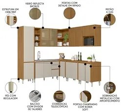 Cozinha Modulada Canto 9 Peças Balcão Para Pia Pietá L06 Nature/Off Wh