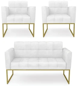 Kit 1 Sofá Namoradeira e 2 Poltronas Elisa Corano Branco Base Metálica Industrial Dourado - D'Rossi