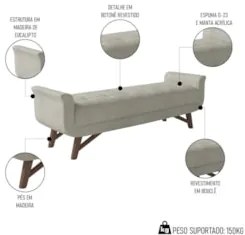 Puff Recamier Calçadeira 160cm Base Madeira Neville Z37 Boucle Cru - M