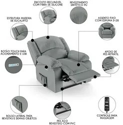 Poltrona do Papai Reclinável Pietra Elétrica LED Massagem FH9 PU Cinza