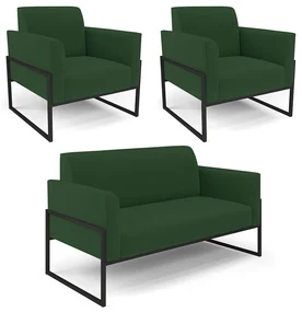 Sofá Namoradeira com 2 Poltronas Base Industrial Alta Preto Marisa Veludo Verde D03 - D'Rossi