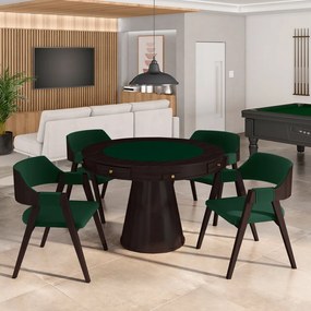 Conjunto Mesa de Jogos Carteado Bellagio Tampo Reversível e 4 Cadeiras Madeira Poker Base Cone Veludo Verde/Tabaco G42 - Gran Belo