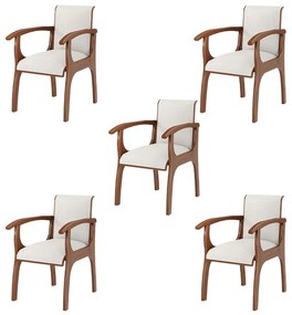 Kit 5 Cadeiras Decorativa Sala de Jantar Madeira Maciça Pedri com Braço Linho Off White/Imbuia G42 - Gran Belo