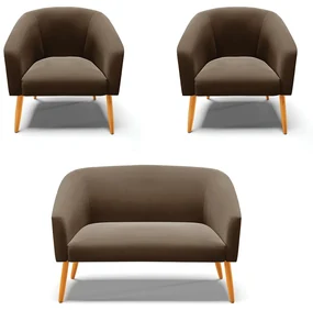 Namoradeira e 2 Poltronas Pé Palito Castanho Stella Suede Marrom D03 - D'Rossi