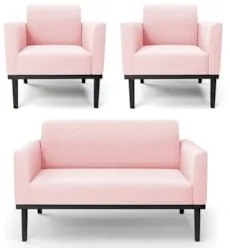 Sofá Namoradeira e 2 Poltronas Base Madeira Preto Maressa Suede Rosa B