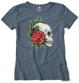 Camiseta Feminina Baby Look Caveira e Rosas Vermelhas - Cinza Chumbo - P