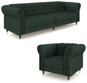 Conjunto Sala de Estar 1 Sofá Living 240cm e 1 Poltrona Stanford Chesterfield Pés Madeira Couro Verde G58 - Gran Belo