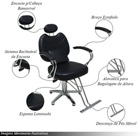 Cadeira Barbeiro Decorativa c/Apoio na Lombar Regulagem De Altura e Apoio p/Pés PU Preta G31 - Gran Belo