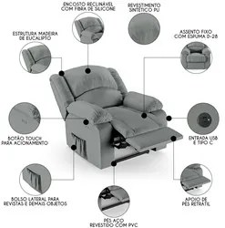 Poltrona do Papai Reclinável Pietra Power Touch USB FH9 PU Cinza - Mpo