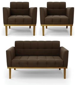 Namoradeira com 2 Poltronas Base de Madeira Castanho Elisa Suede D03 - D'Rossi - Marrom