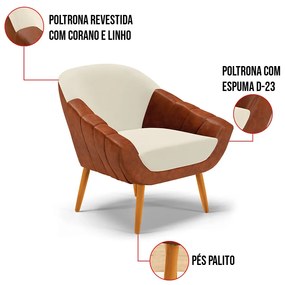 Poltrona Sala de Estar Pé Palito Castanho Kit 2 Giovana Nozes/Linho Bege D01 - D'Rossi