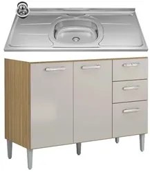 Balcão de Cozinha com Pia Inox 120cm 3 Portas 2 Gavetas Livy P11 Damas