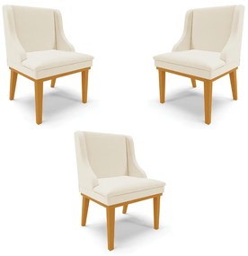 Kit 3 Cadeiras Decorativas Sala de Jantar Base Fixa de Madeira Firenze Linho Areia/Castanho G19 - Gran Belo