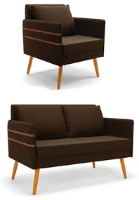 Kit 01 Namoradeira 02 Lugares e 01 Poltrona Mari Suede Pés Palito Castanho - D'Rossi - Marrom