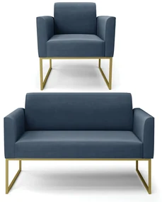 Sofá Namoradeira com Poltrona Base Industrial Dourado Marisa Suede D03 - D'Rossi - Azul Marinho