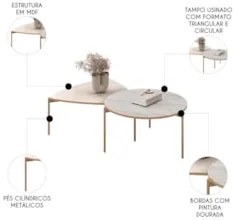 Mesa de Centro Para Sala Pés Metálicos Zira e Nala Quartzo/Off - Mpoze