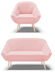 Kit 01 Namoradeira 02 Lugares e 01 Poltrona Giovana Suede Rosa Bebê Pés Palito Natural - D'Rossi