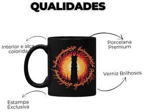 Caneca Mordor Ring O Senhor dos Anéis Preta Café Chá Sucos
