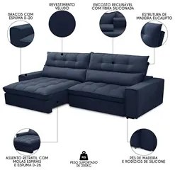 Sofá Retrátil Reclinável 3 Lugares 250cm Damy F05 Veludo Azul - Mpozen