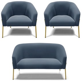 Namoradeira e 2 Poltronas Pé de Ferro Dourado Stella Suede Azul Marinho D03 - D'Rossi