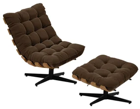 Kit 01 Poltrona e 01 Puff Giratório Costela Suede Base Metálica Preto - D'Rossi - Marrom
