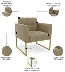 Poltrona Decorativa Base Industrial Dourado Ana Suede Marrom RT - Ibiz