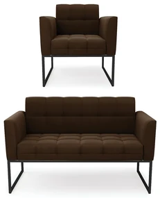 Kit 1 Sofá Namoradeira e 1 Poltrona Elisa Suede Base Metálica Industrial Preto - D'Rossi - Marrom