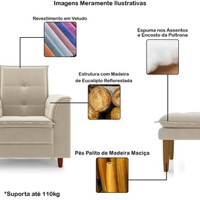 Poltrona de Amamentação Quarto de Bebê Gracy com Puff Pés Palito Veludo Bege G85 - Gran Belo