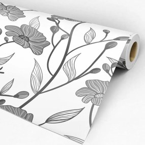 Papel de Parede Floral traçado Cinza e branco 0.52m x 3.00m