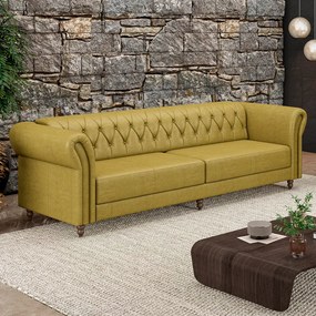 Sofá Living Sala de Estar Stanford Chesterfield 3 Lugares 240cm Pés de Madeira Couro Bege Manchado G58 - Gran Belo