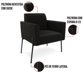 Poltrona Pé de Ferro Preto para Sala Kit 2 Marisa Suede Preto D03 - D'Rossi