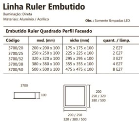 Luminária De Embutir Ruler Quadrado 50X50X10Cm 8Xe27 | Usina 3700/50 (FN-F - Fendi Fosco)