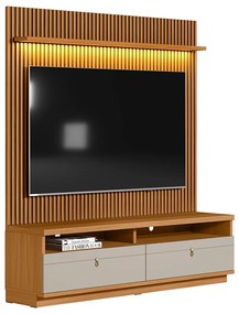 Painel para TV até 75 Polegadas Ripado Betina com Rack Nature e Off White 180x198 cm L04 - D'Rossi
