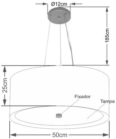 Lustre Pendente Cilíndrico Vivare Md-4145 Cúpula em Tecido 50x25cm - Bivolt