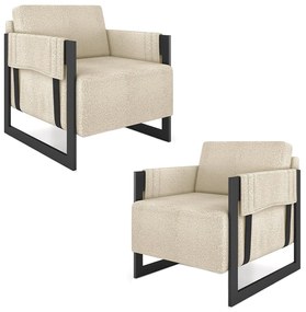 Kit 2 Poltronas Decorativa Sala de Estar Moria Base em Ferro Bouclê Preto/Bege G33 - Gran Belo