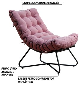 Poltrona Decorativa Sala de Estar Caim Base de Ferro Preto Veludo Rosa G41 - Gran Belo